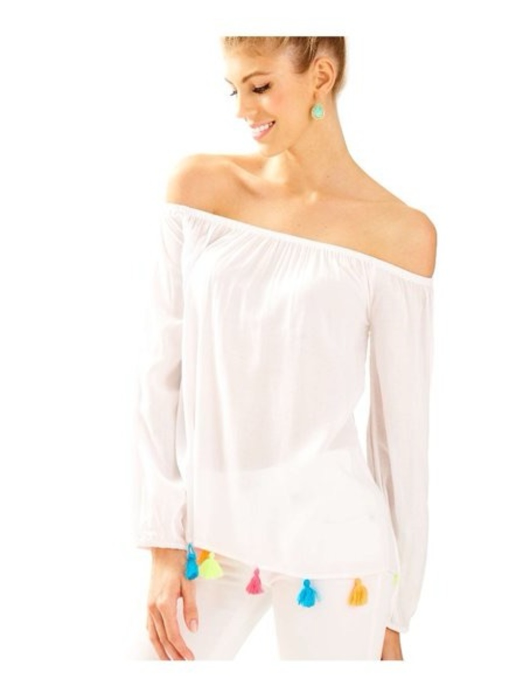 Lilly Pulitzer White Off-Shoulder Tassel Hem Tunic